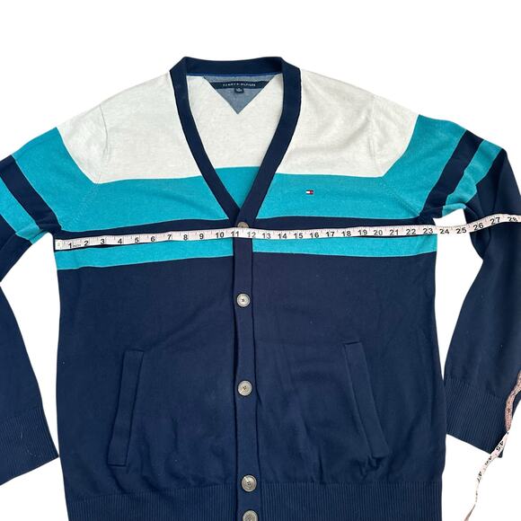 Tommy Hilfiger XL Cotton Cardigan Sweater Blue Teal White Striped Button Up - Picture 2 of 8